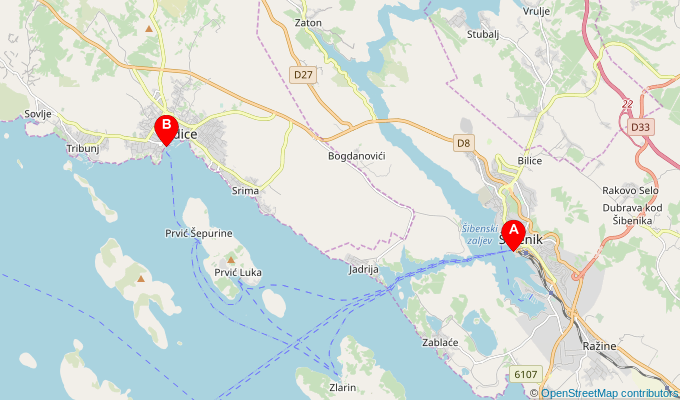 Map of ferry route between Sibenik and Vodice